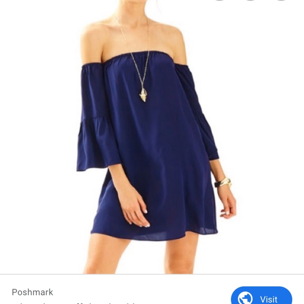 Lilly Pulitzer off the shoulder dress in navy.